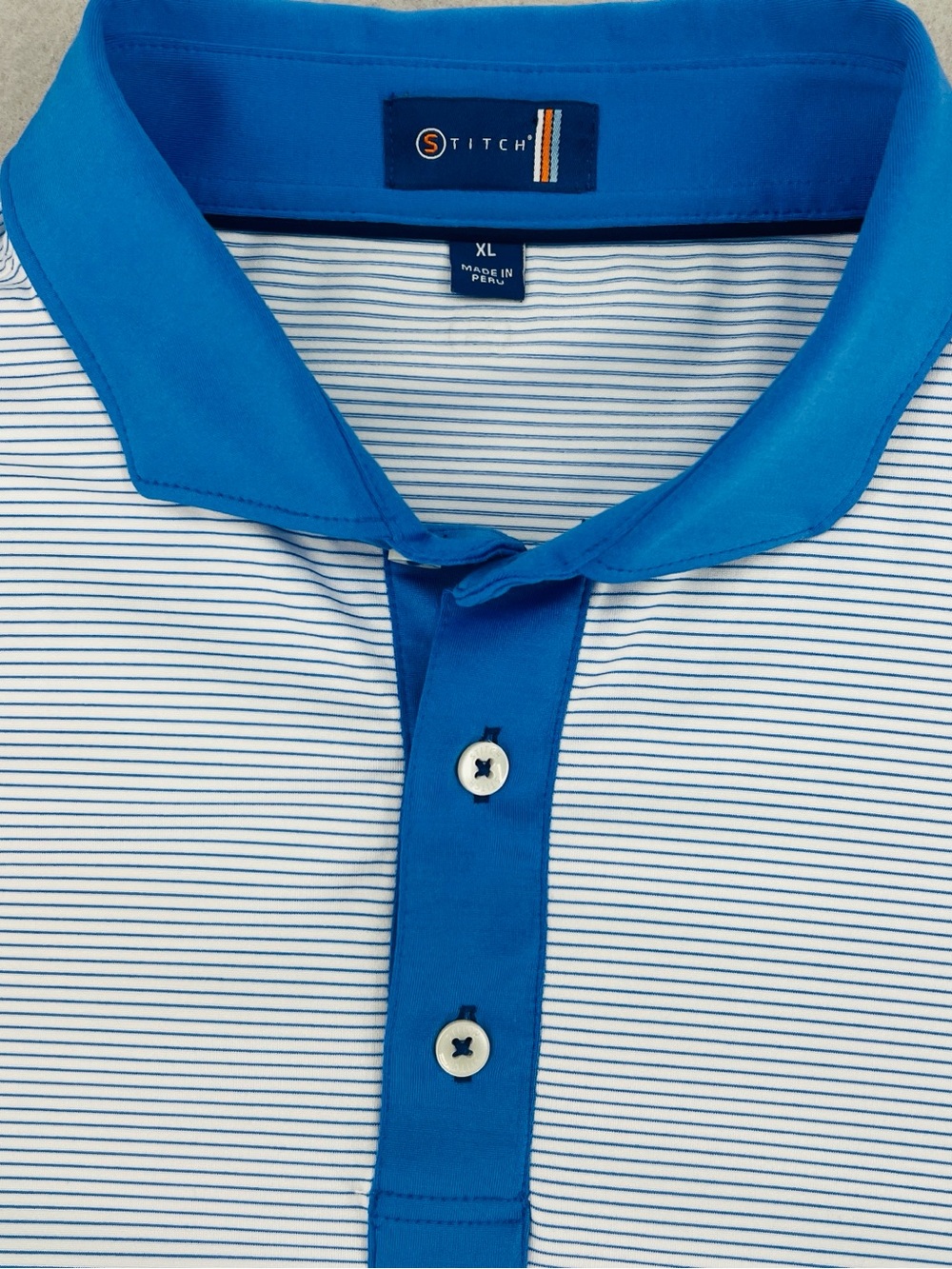 Stitch Men's White Polo with Blue Stripe and Royal Blue Trim